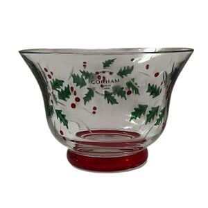 Gorham Festive Crystal Holiday Bowl / Candy Dish with Red & Green Holly Design